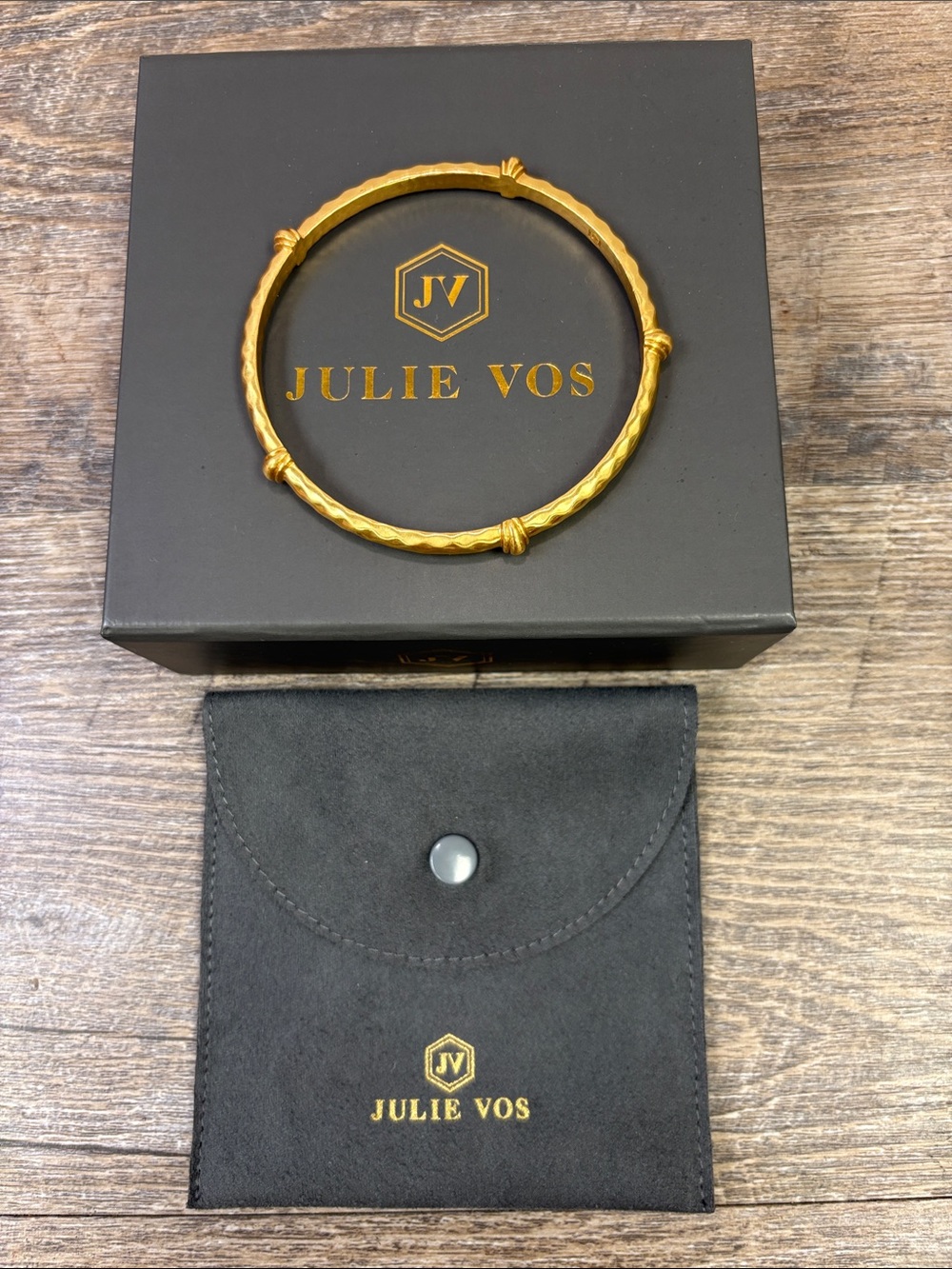 Julie Vos Gold Bamboo Bangle Bracelet Designer Jewelry w/ Box & Pouch